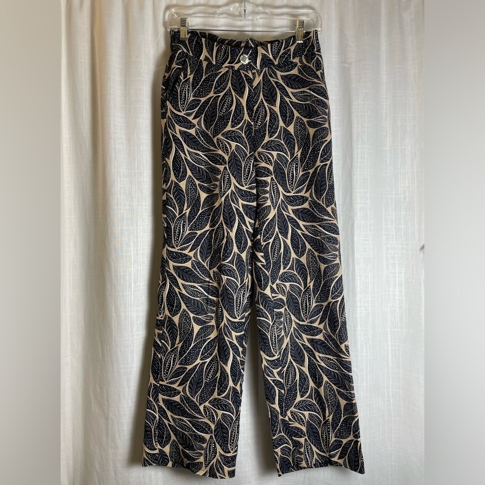 Anne Klein Linen Floral Leaf Print Trousers Size S